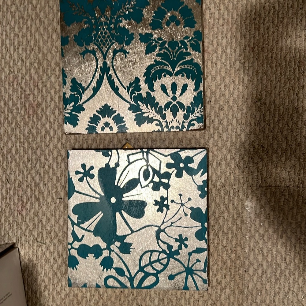 Printed metallic and teal wall art